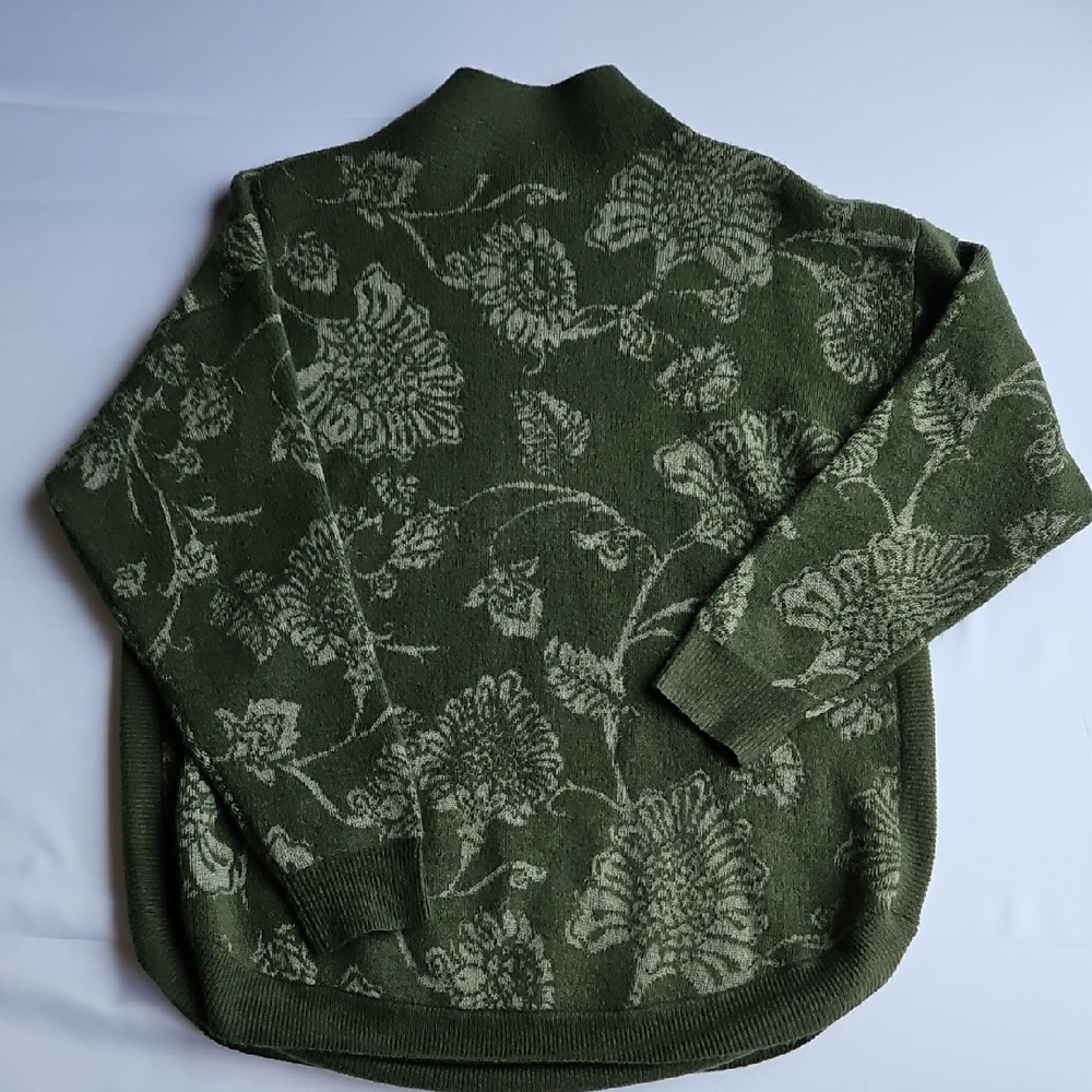 KATE & SAM Elegant Green Floral Knit Sweater M Mock Neck